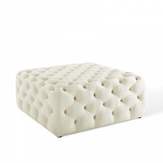 Amour Tufted Button Large Square Performance Velvet Ottoman, Ivory