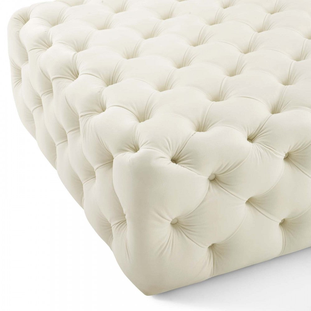 Amour Tufted Button Large Square Performance Velvet Ottoman, Ivory