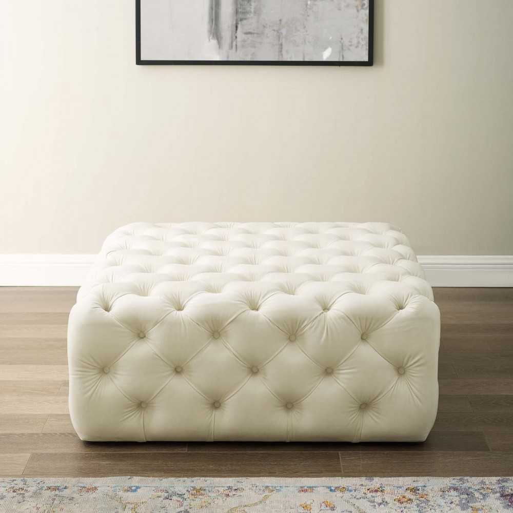 Amour Tufted Button Large Square Performance Velvet Ottoman, Ivory