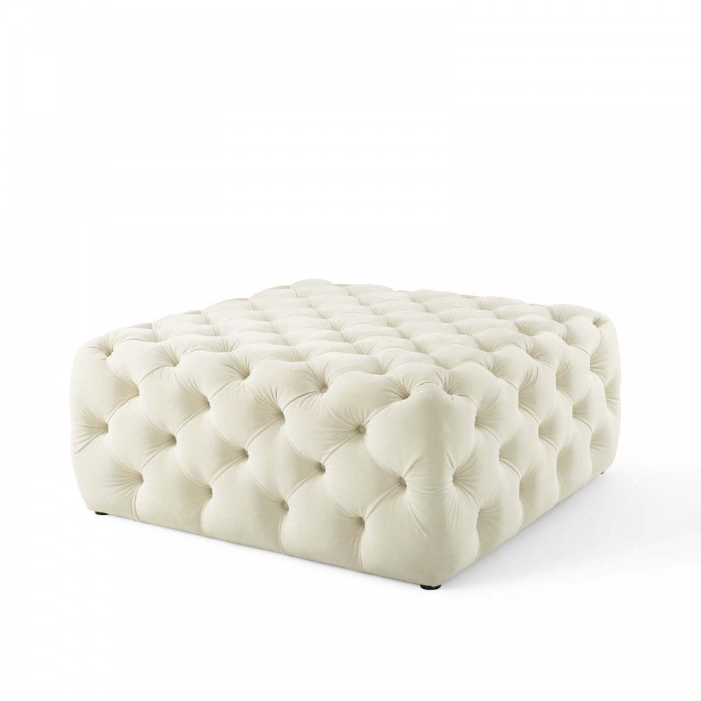 Amour Tufted Button Large Square Performance Velvet Ottoman, Ivory