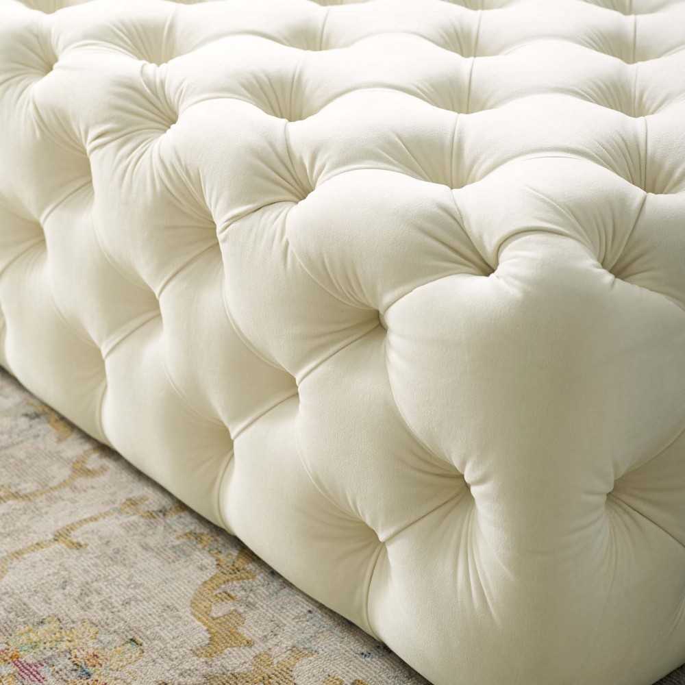 Amour Tufted Button Large Square Performance Velvet Ottoman, Ivory