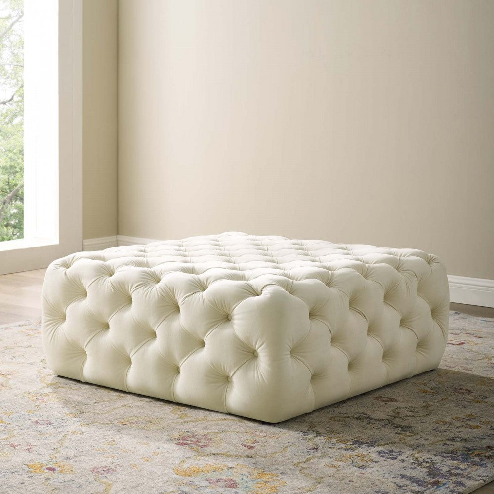 Amour Tufted Button Large Square Performance Velvet Ottoman, Ivory