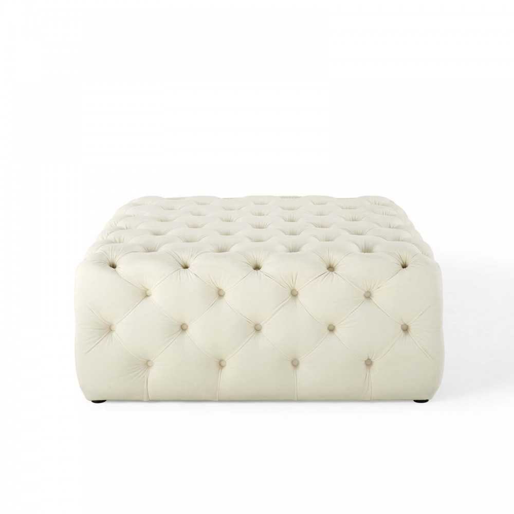 Amour Tufted Button Large Square Performance Velvet Ottoman, Ivory