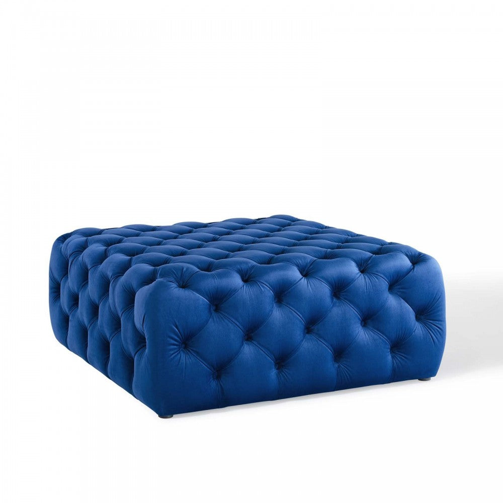Amour Tufted Button Large Square Performance Velvet Ottoman, Navy
