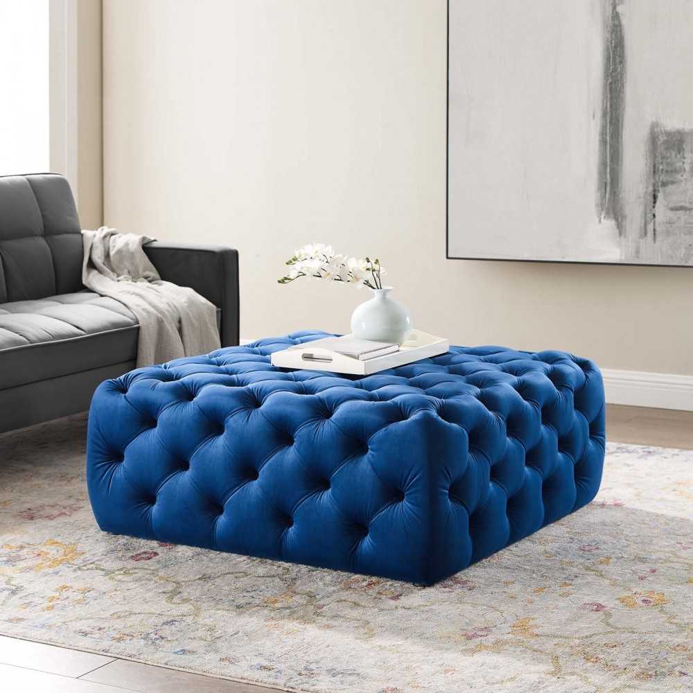 Amour Tufted Button Large Square Performance Velvet Ottoman, Navy