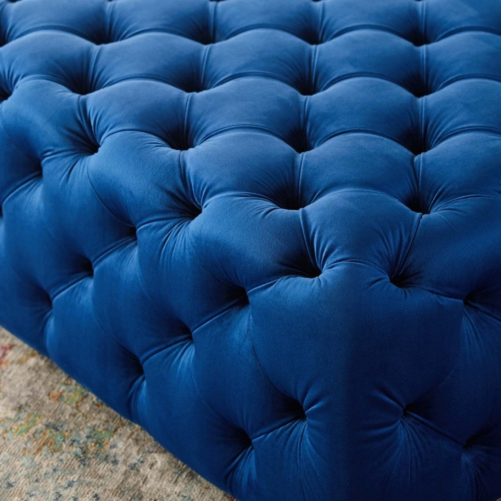 Amour Tufted Button Large Square Performance Velvet Ottoman, Navy