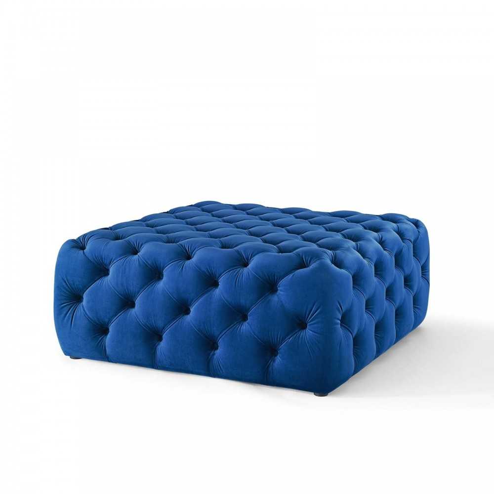 Amour Tufted Button Large Square Performance Velvet Ottoman, Navy