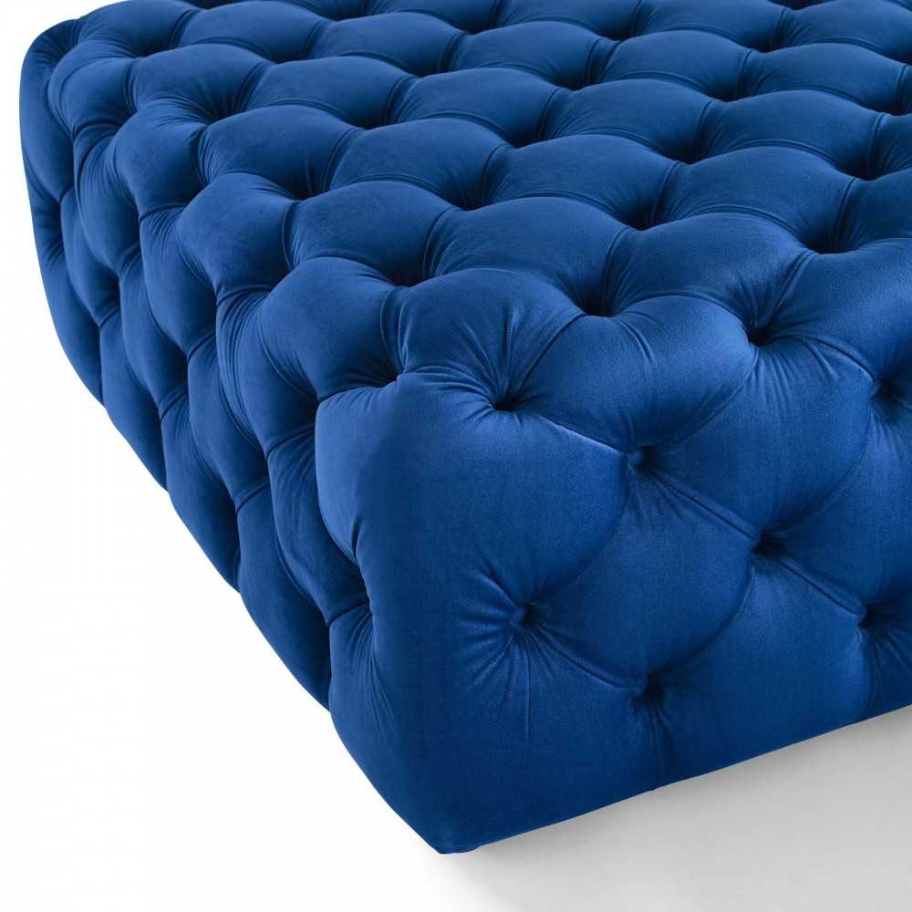 Amour Tufted Button Large Square Performance Velvet Ottoman, Navy