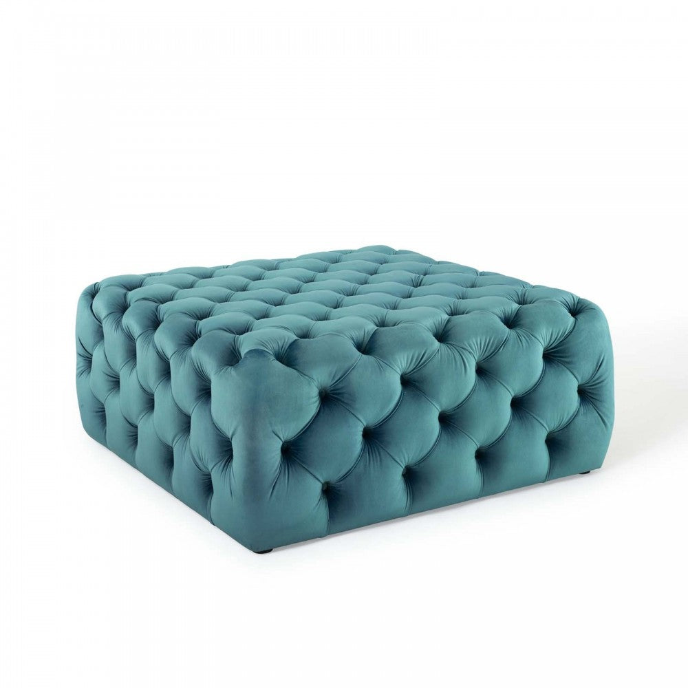 Amour Tufted Button Large Square Performance Velvet Ottoman, Sea Blue