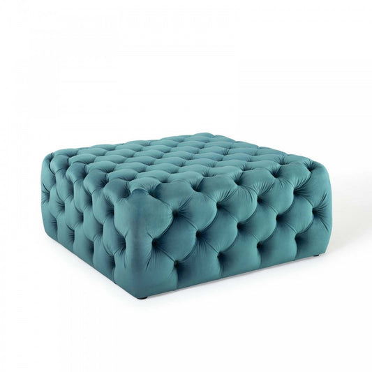 Amour Tufted Button Large Square Performance Velvet Ottoman, Sea Blue