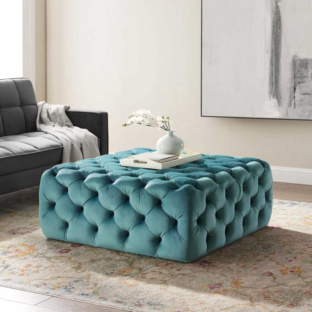 Amour Tufted Button Large Square Performance Velvet Ottoman, Sea Blue
