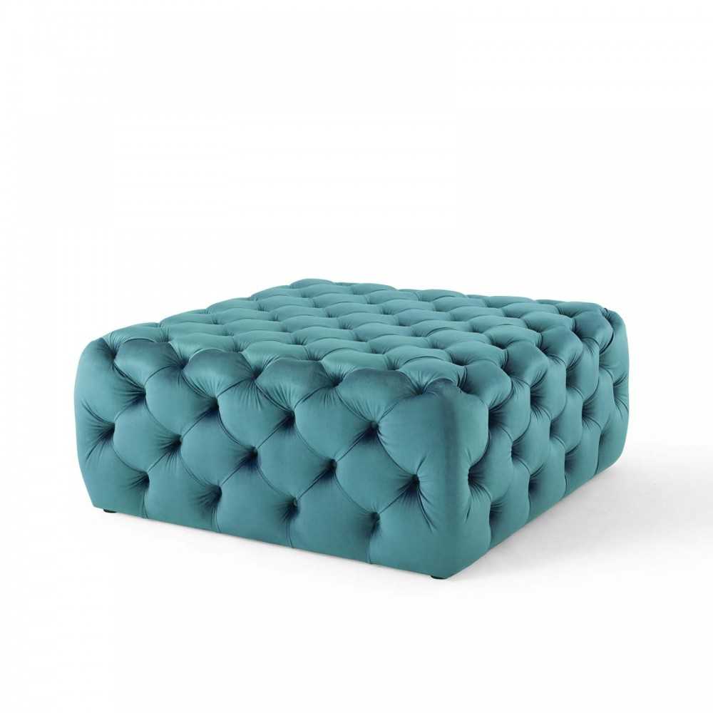 Amour Tufted Button Large Square Performance Velvet Ottoman, Sea Blue