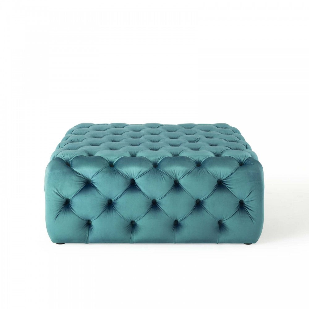 Amour Tufted Button Large Square Performance Velvet Ottoman, Sea Blue