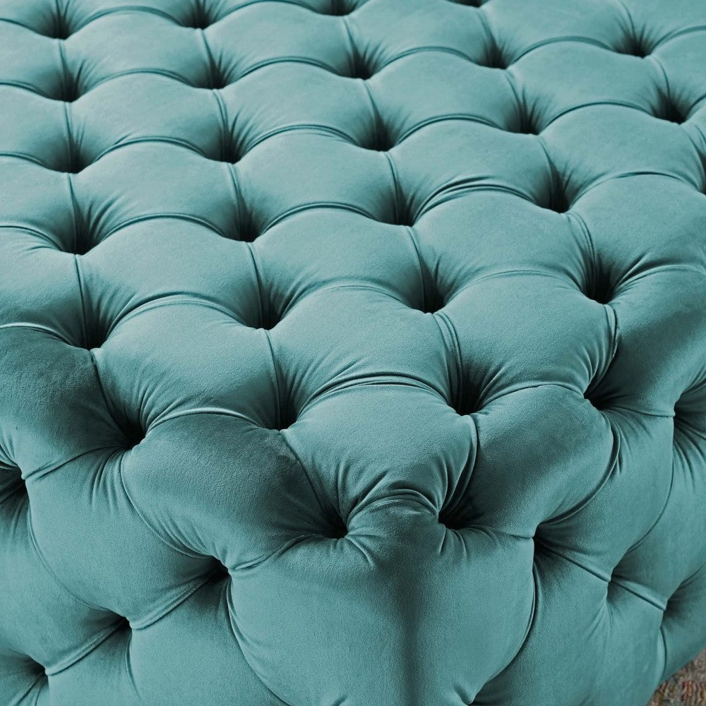 Amour Tufted Button Large Square Performance Velvet Ottoman, Sea Blue