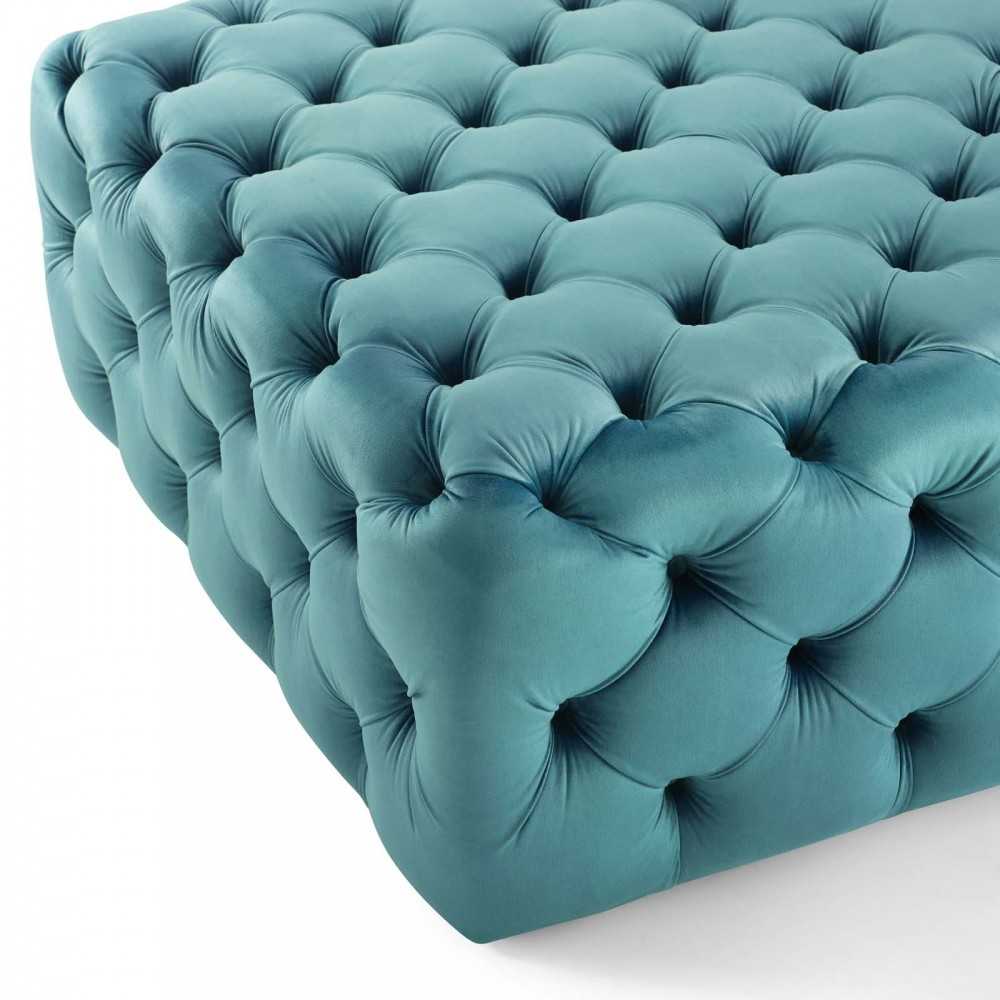 Amour Tufted Button Large Square Performance Velvet Ottoman, Sea Blue