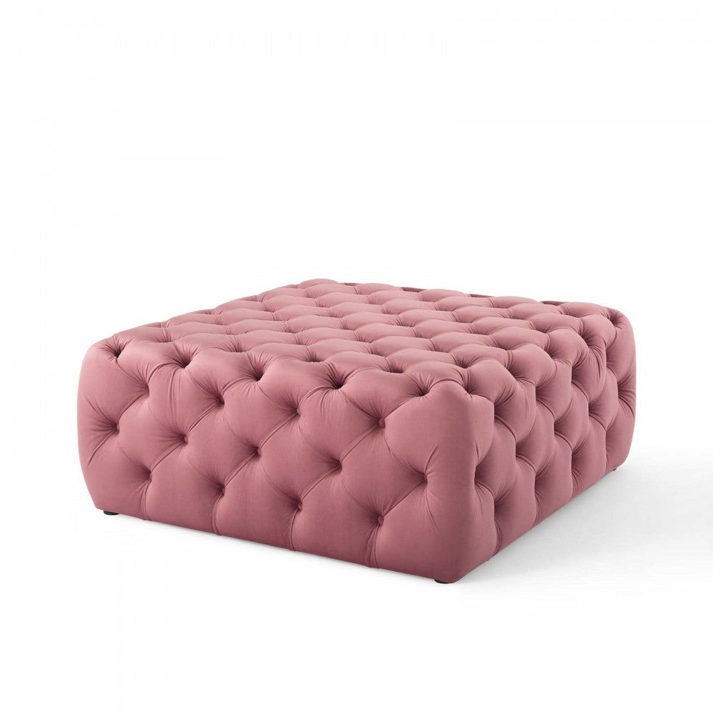 Amour Tufted Button Large Square Performance Velvet Ottoman, Dusty Rose