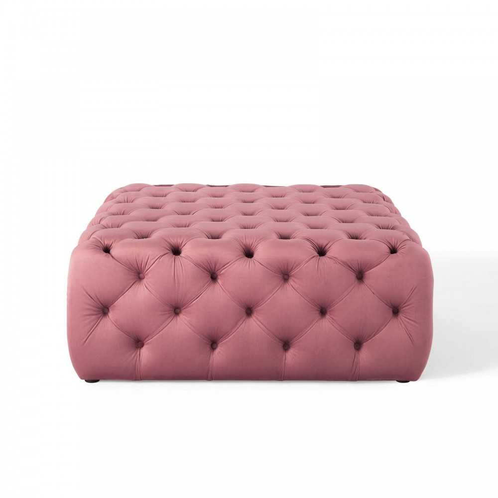 Amour Tufted Button Large Square Performance Velvet Ottoman, Dusty Rose