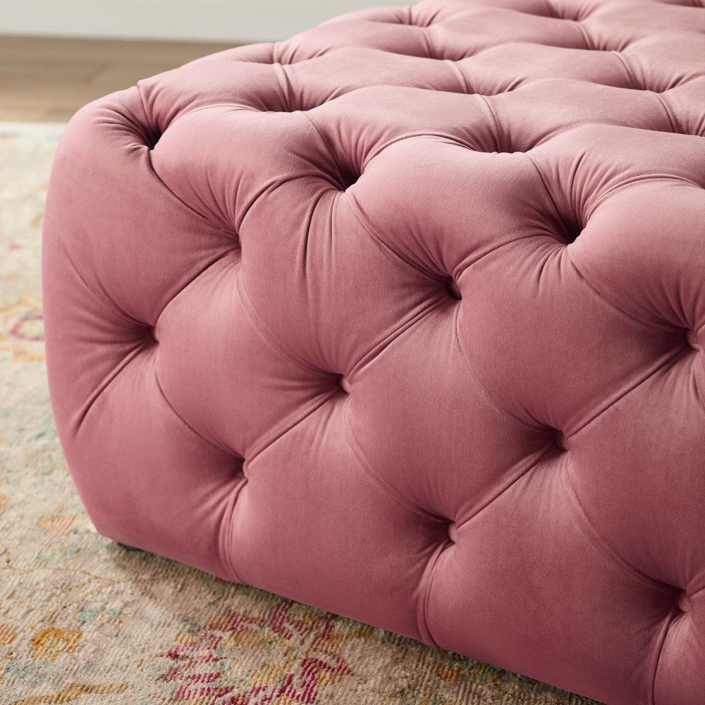 Amour Tufted Button Large Square Performance Velvet Ottoman, Dusty Rose