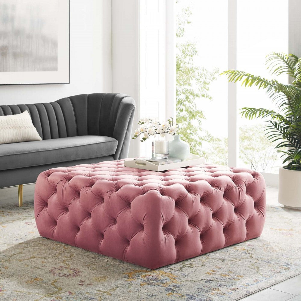 Amour Tufted Button Large Square Performance Velvet Ottoman, Dusty Rose