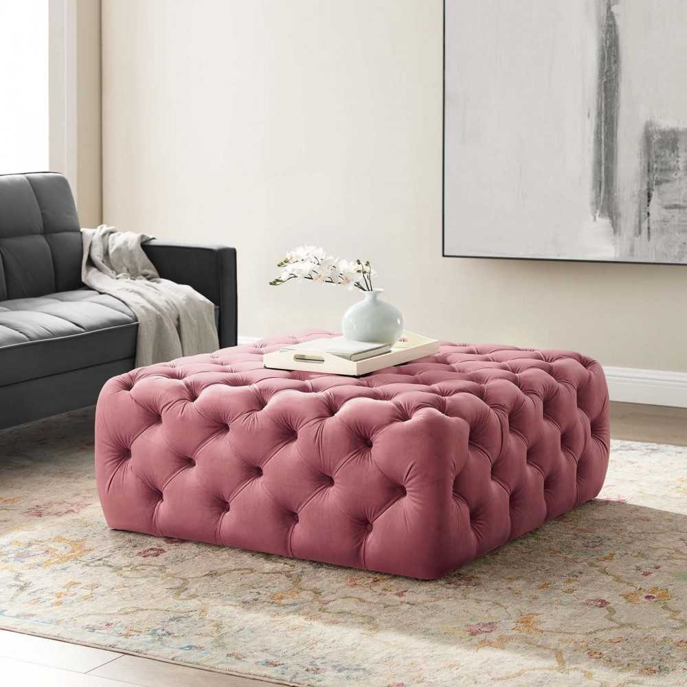Amour Tufted Button Large Square Performance Velvet Ottoman, Dusty Rose