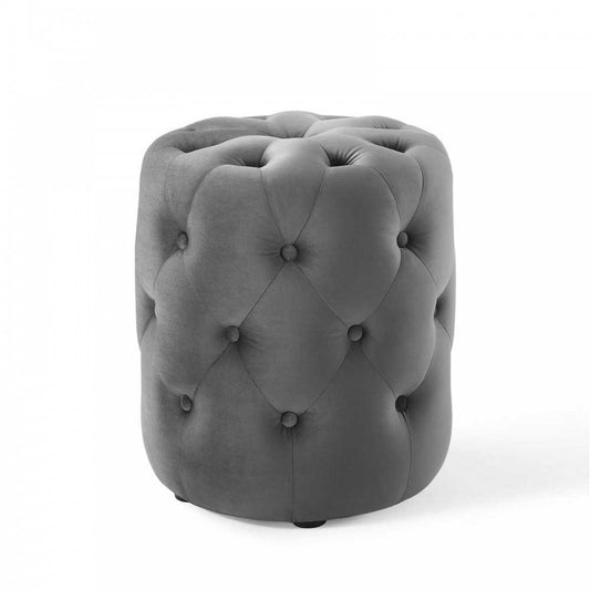 Amour Tufted Button Round Performance Velvet Ottoman, Gray