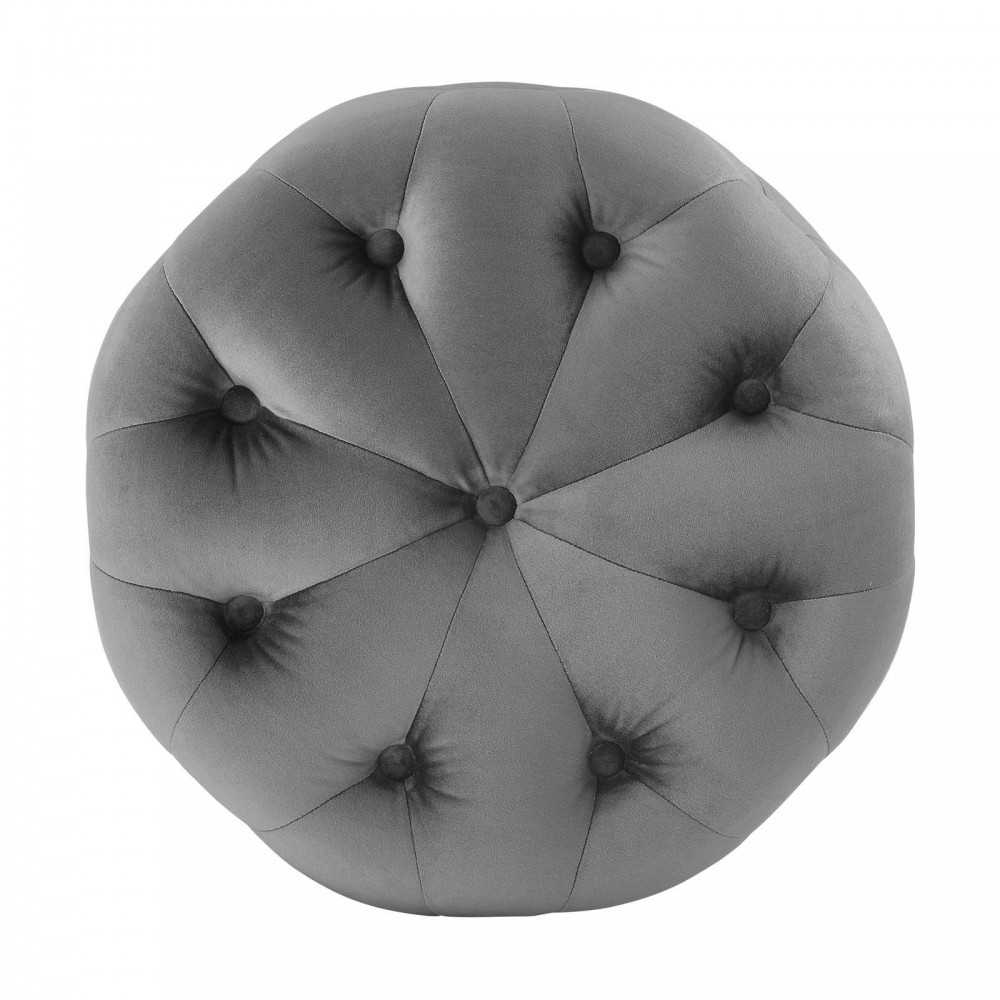 Amour Tufted Button Round Performance Velvet Ottoman, Gray