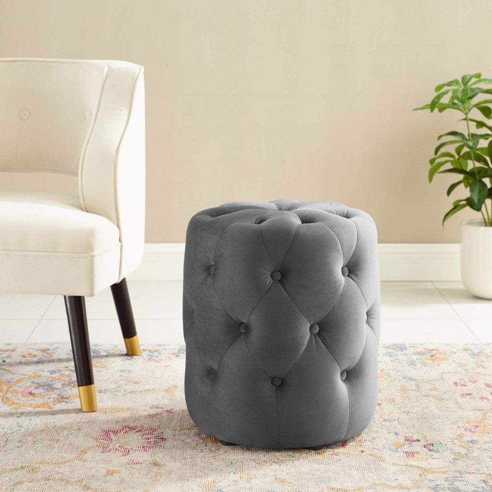 Amour Tufted Button Round Performance Velvet Ottoman, Gray