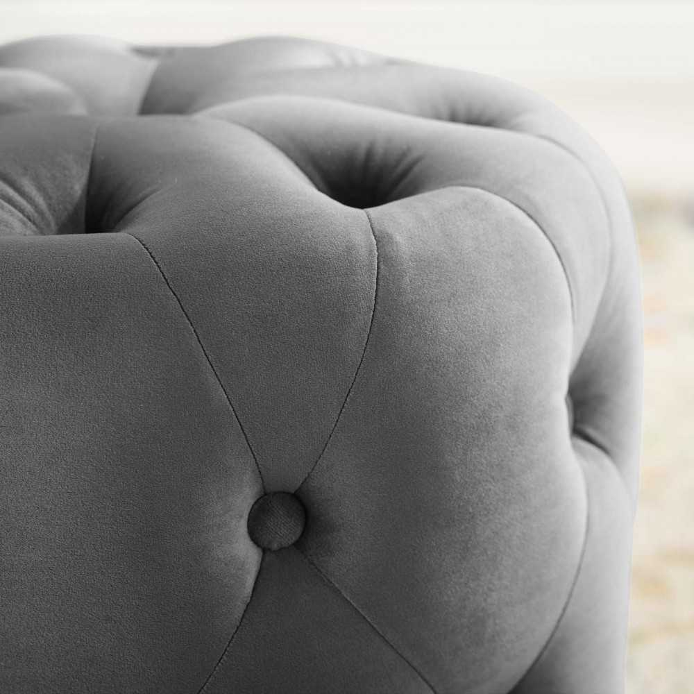 Amour Tufted Button Round Performance Velvet Ottoman, Gray