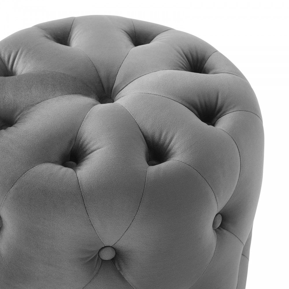 Amour Tufted Button Round Performance Velvet Ottoman, Gray
