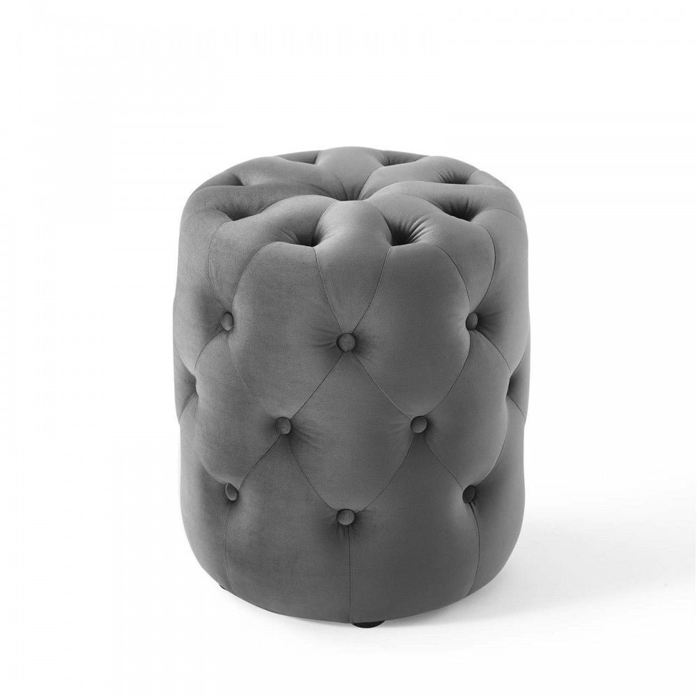 Amour Tufted Button Round Performance Velvet Ottoman, Gray