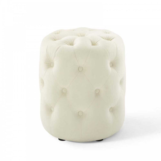 Amour Tufted Button Round Performance Velvet Ottoman, Ivory