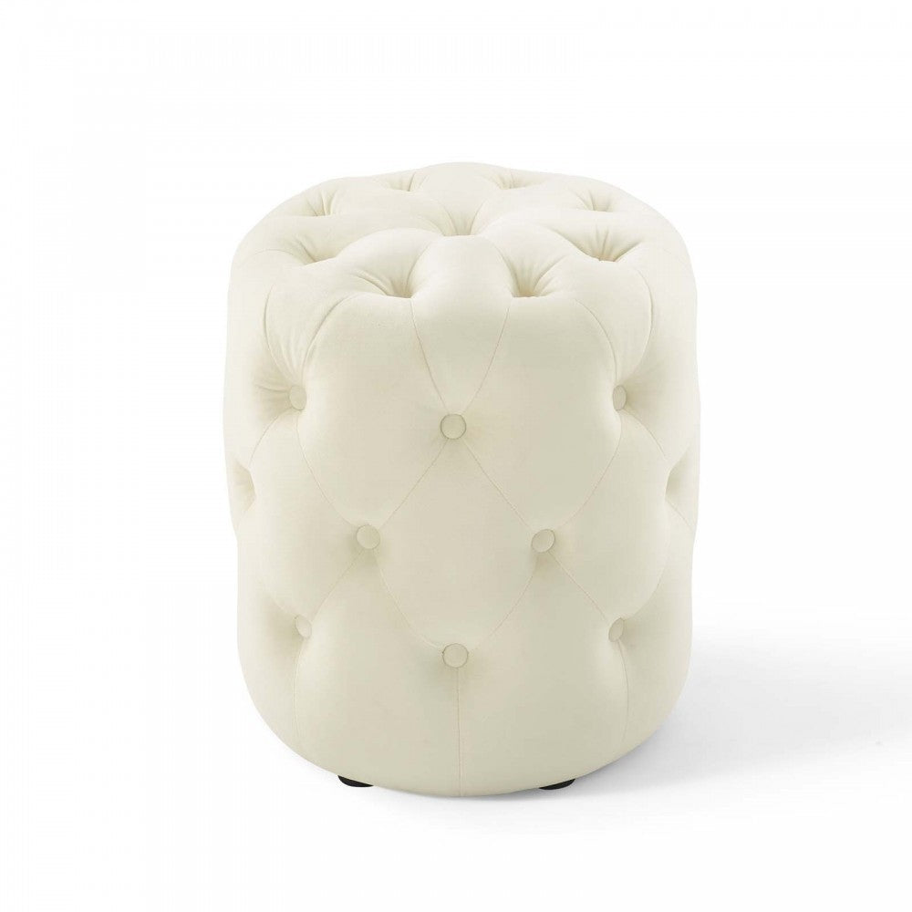 Amour Tufted Button Round Performance Velvet Ottoman, Ivory