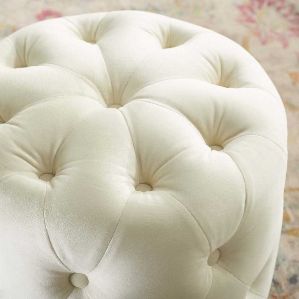 Amour Tufted Button Round Performance Velvet Ottoman, Ivory
