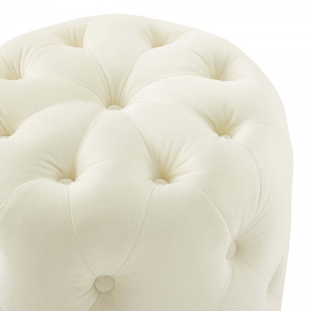 Amour Tufted Button Round Performance Velvet Ottoman, Ivory