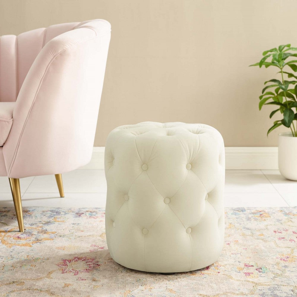 Amour Tufted Button Round Performance Velvet Ottoman, Ivory