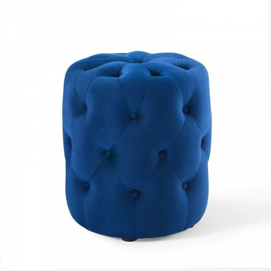Amour Tufted Button Round Performance Velvet Ottoman, Navy