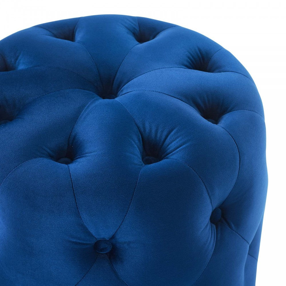 Amour Tufted Button Round Performance Velvet Ottoman, Navy