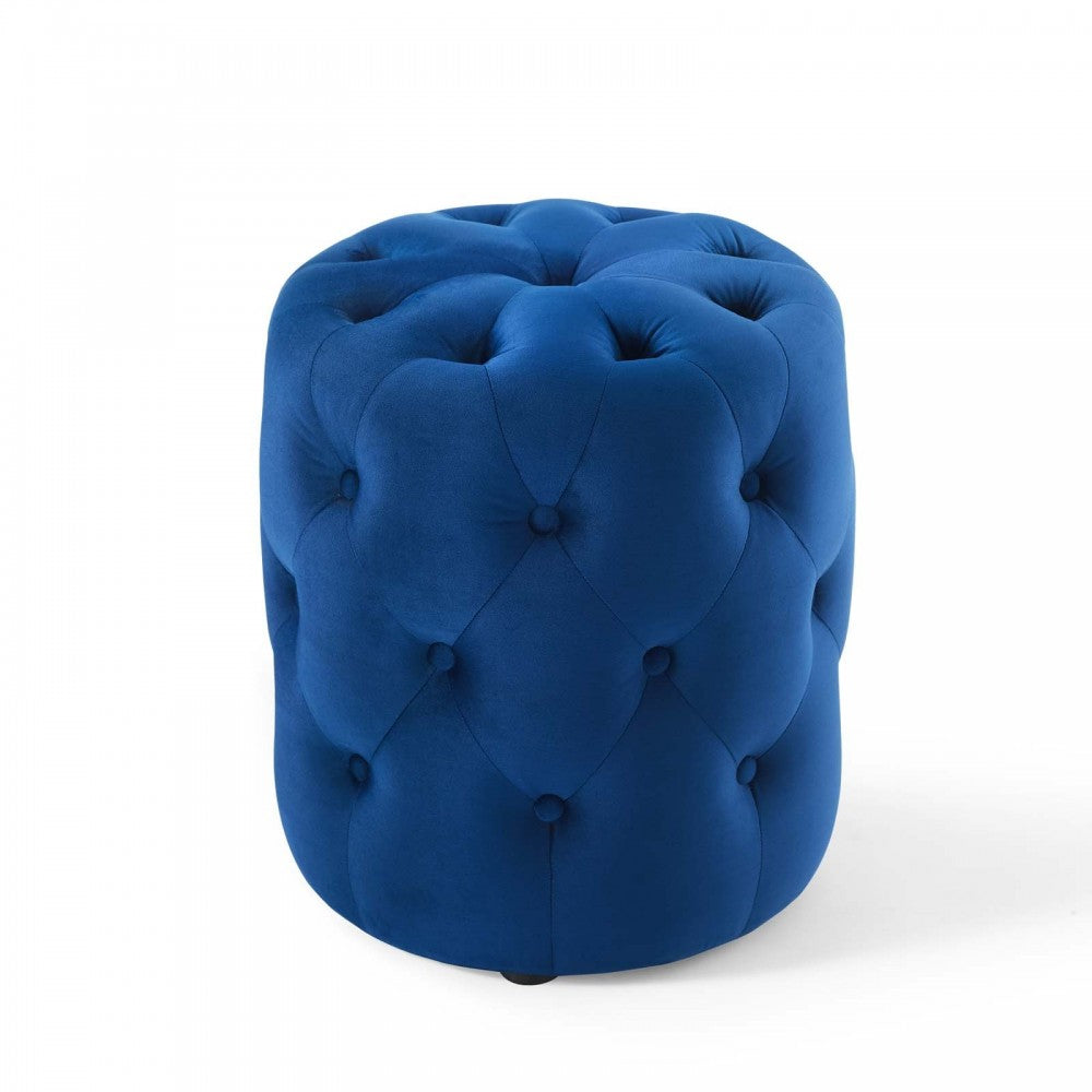 Amour Tufted Button Round Performance Velvet Ottoman, Navy