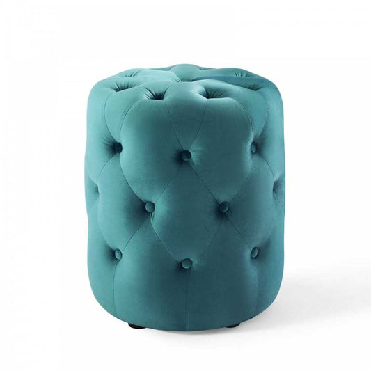 Amour Tufted Button Round Performance Velvet Ottoman, Sea Blue