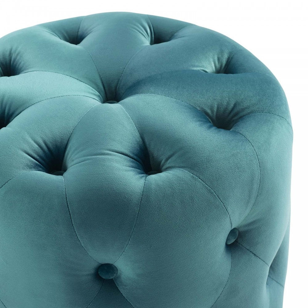 Amour Tufted Button Round Performance Velvet Ottoman, Sea Blue