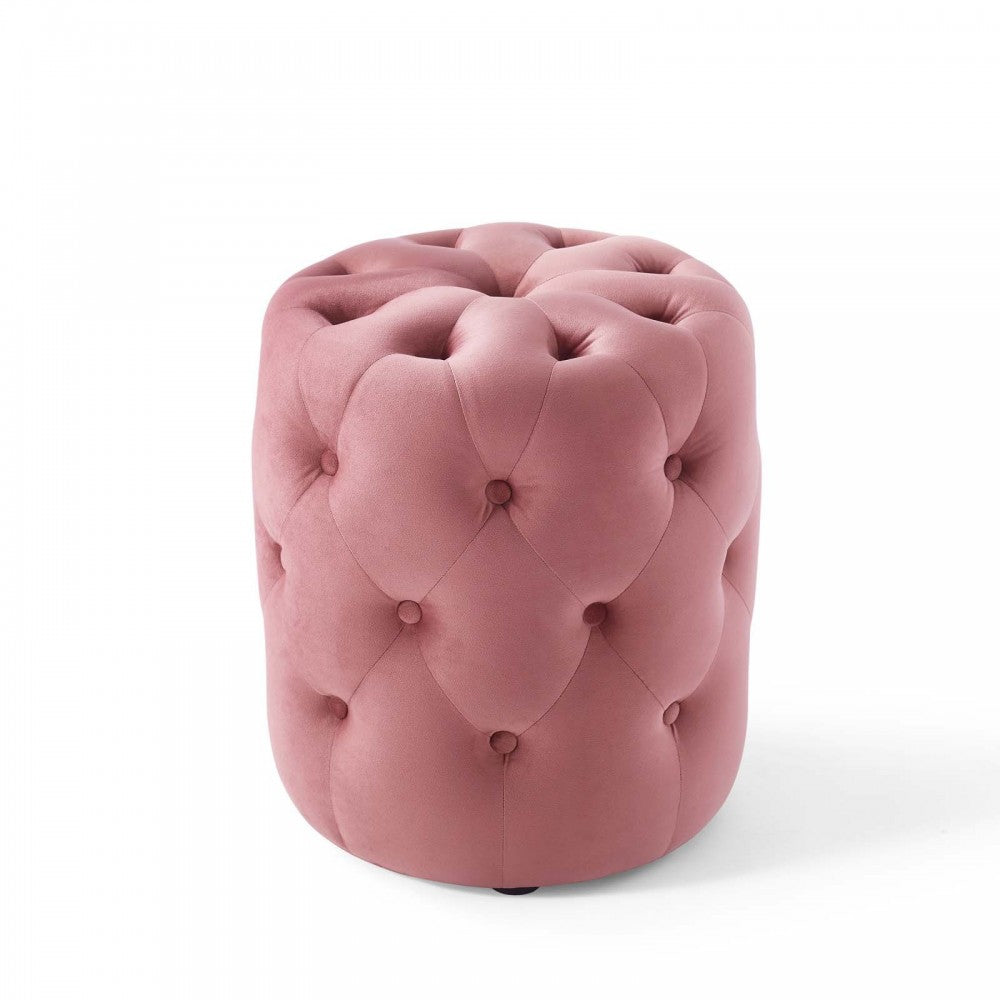 Amour Tufted Button Round Performance Velvet Ottoman, Dusty Rose
