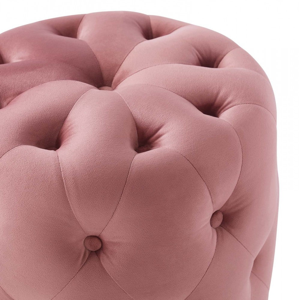 Amour Tufted Button Round Performance Velvet Ottoman, Dusty Rose