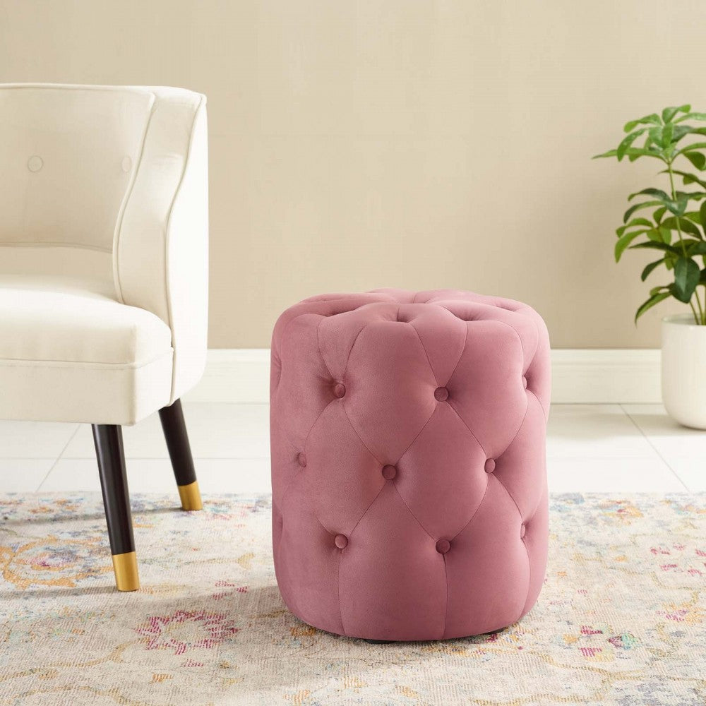 Amour Tufted Button Round Performance Velvet Ottoman, Dusty Rose