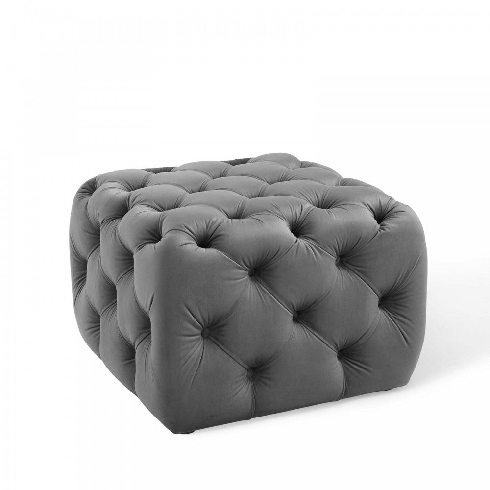 Amour Tufted Button Square Performance Velvet Ottoman, Gray