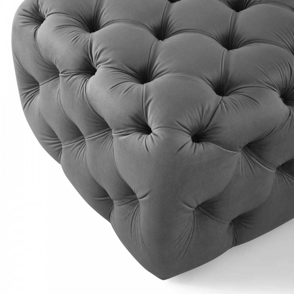 Amour Tufted Button Square Performance Velvet Ottoman, Gray