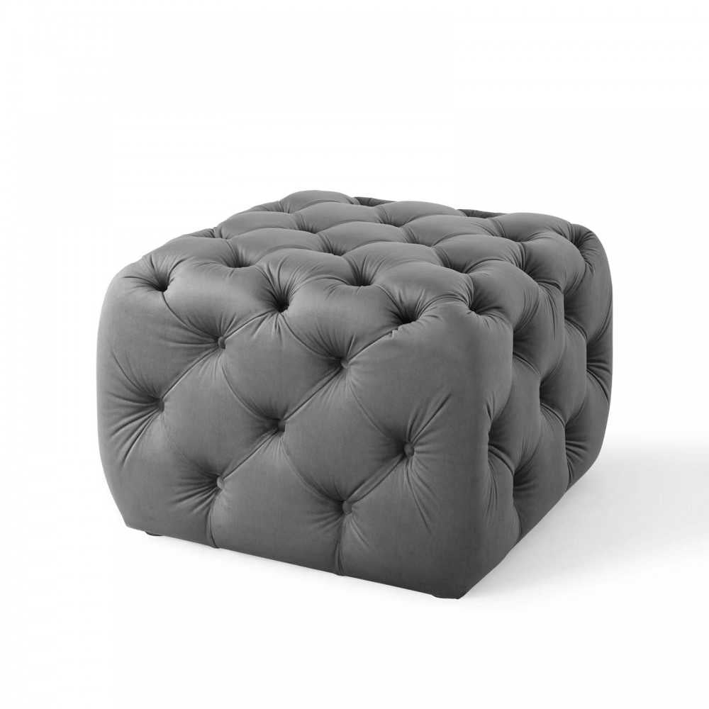 Amour Tufted Button Square Performance Velvet Ottoman, Gray