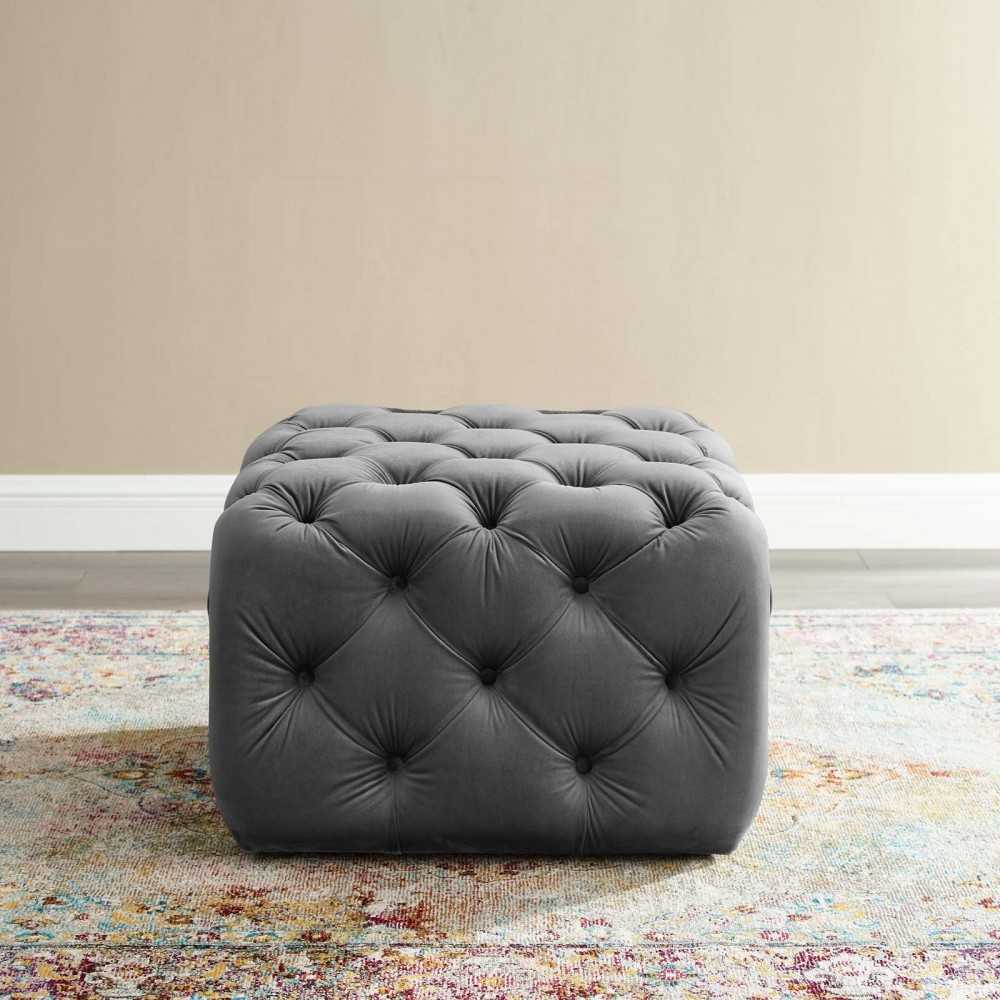 Amour Tufted Button Square Performance Velvet Ottoman, Gray