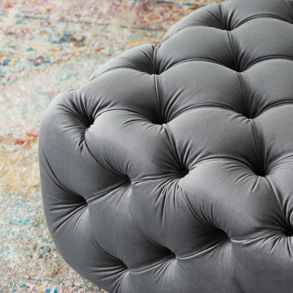 Amour Tufted Button Square Performance Velvet Ottoman, Gray