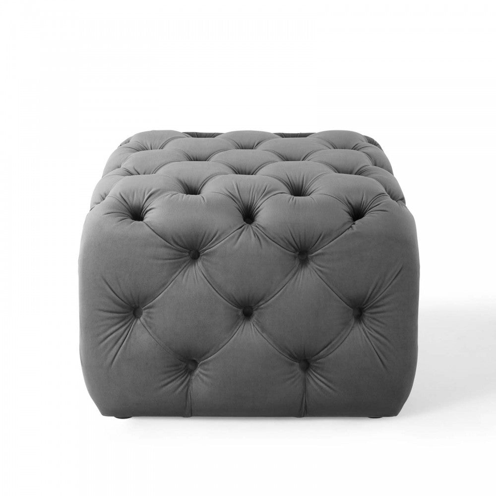 Amour Tufted Button Square Performance Velvet Ottoman, Gray