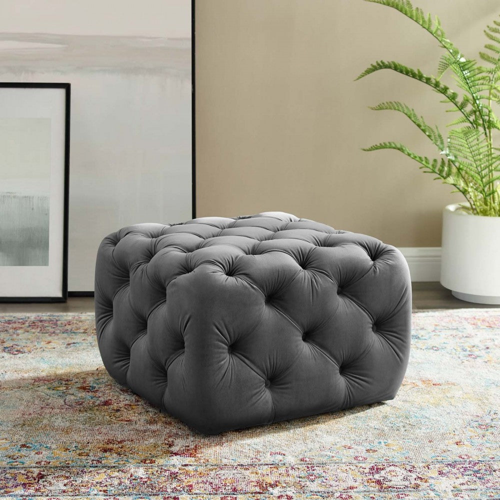 Amour Tufted Button Square Performance Velvet Ottoman, Gray